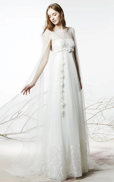 A-Line Bateau Long Sleeveless Floral Tulle Wedding Dress With Low-V Back And Beading