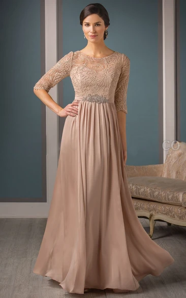 Half-Sleeved A-Line Long Mother Of The Bride Dress With Pleats And Beadings