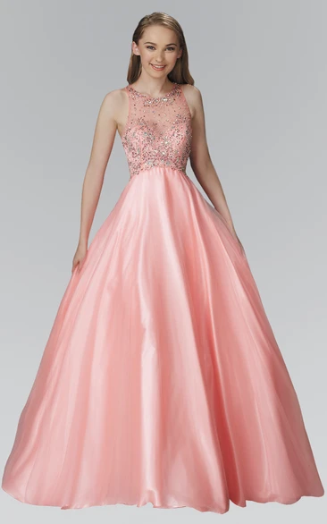 Ball Gown Long Scoop-Neck Sleeveless Satin Illusion Dress With Beading