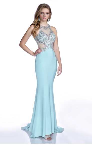 Trumpet Sleeveless Jersey Prom Dress With Bling Jeweled Bust