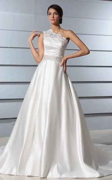 A-Line One-Shoulder Satin Wedding Dress With Lace Bodice And Chapel Train