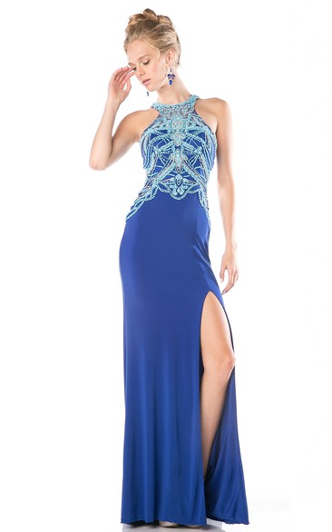 Sheath Maxi Jewel-Neck Jersey Illusion Dress With Beading And Split Front