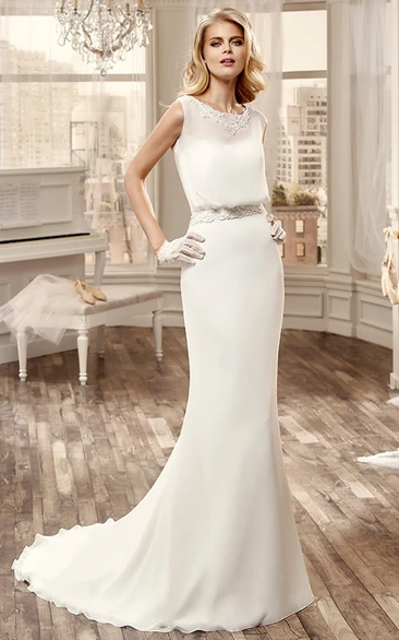 Cap-Sleeve Chiffon Wedding Dress With Appliqued Neckline And Brush Train