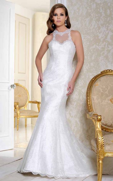 Floor-Length High Neck Appliqued Satin Wedding Dress With Court Train And Illusion