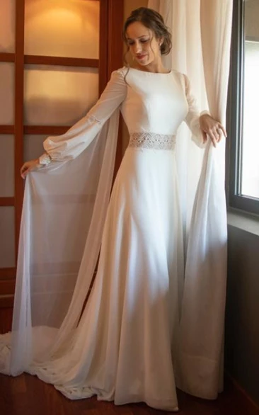 Romantic Chiffon Wedding Dress A-Line Bateau with Poet Sleeves and Open Back