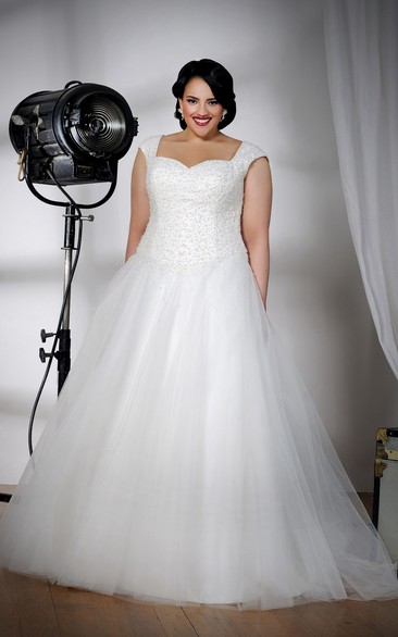 Square-Neck Caped-Sleeve A-Line Tulle Dress With Beaded Bodice