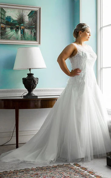 Jewel Neck Sleeveless Tulle Bridal Gown With Lace Up
