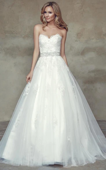 Ball Gown Jeweled Sweetheart Tulle Wedding Dress With Bow