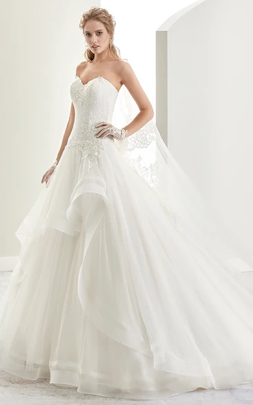 Sweetheart A-Line Bridal Gown With Appliques Bodice And Asymmetrical Ruffles