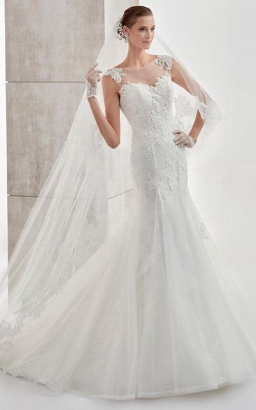 Jewel-neck Cap-sleeve Mermaid Wedding Dress with Appliques and Illusive Design
