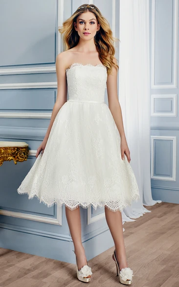 Strapless Tea-Length Lace Wedding Dress With V Back