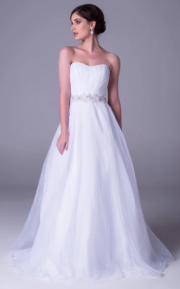 A-Line Long Strapless Jeweled Tulle Wedding Dress With Ruching And V Back