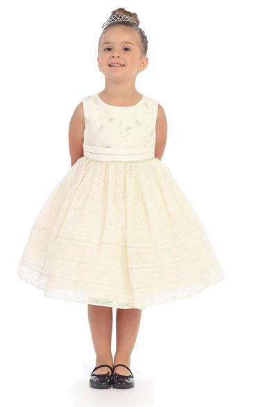 Tea-Length Pleated Tiered Lace Flower Girl Dress With Ribbon