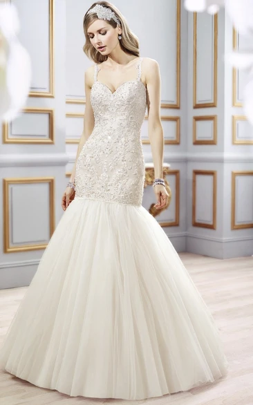 Mermaid Spaghetti Floor-Length Sleeveless Appliqued Lace&Tulle Wedding Dress With Chapel Train And Backless Style