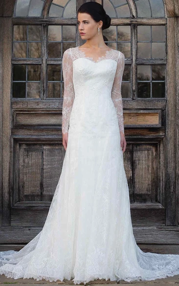 V-Neck Long-Sleeve Lace Wedding Dress With Illusion