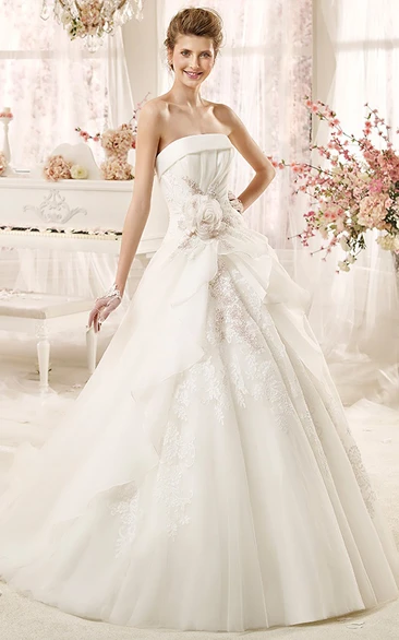 Strapless A-line Wedding Dress with Flowers and Pleated Bodice