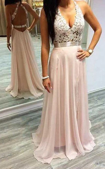 A Line Sleeveless Chiffon Casual Open Back Cross Back Evening Dress with Lace