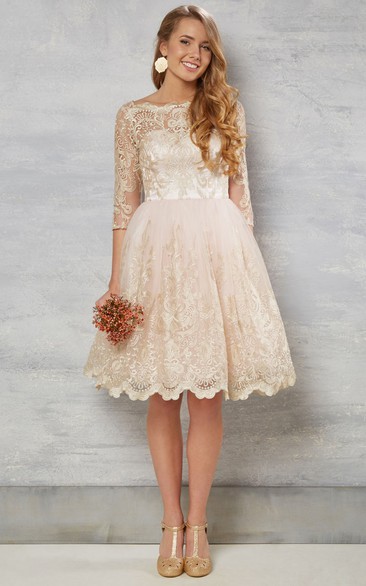 A-Line Bateau-Neck Knee-Length 3-4-Sleeve Lace Wedding Dress With Illusion