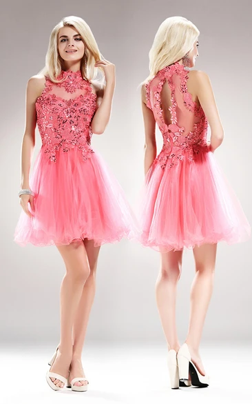 A-Line Mini High Neck Sleeveless Tulle Illusion Dress With Appliques And Sequins