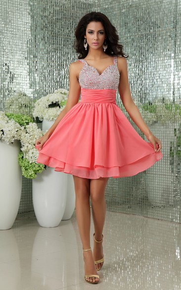 V-Neck Chiffon Backless Dress With Sequined Top