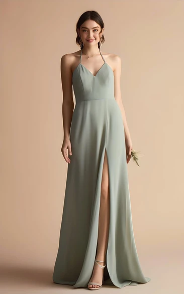 Sleeveless Chiffon Bridesmaid Dress 2023 A-Line Halter with Split Front Spaghetti Simple Sexy Bohemian Elegant Floor-length