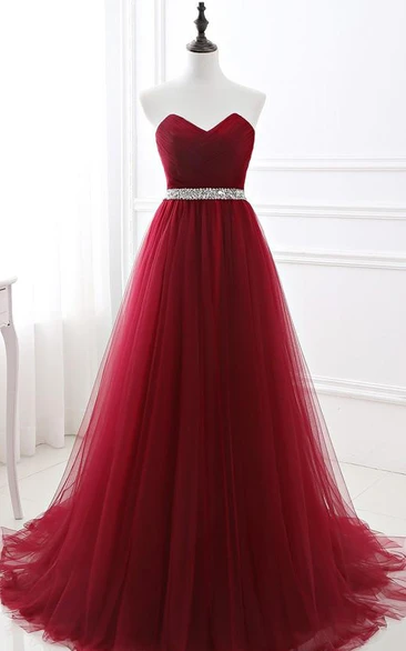 A Line Sleeveless Tulle Romantic Corset Back Evening Dress with Beading and Pleats