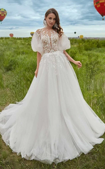 Elegant A Line Tulle Court Train Wedding Dress with Appliques