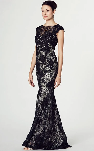 Sheath Cap-Sleeve Appliqued Maxi Scoop Lace Prom Dress With Illusion Back And Sweep Train