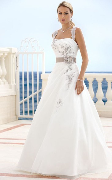 Floor-Length Straps Draped Floral Satin Wedding Dress With Ribbon And Keyhole