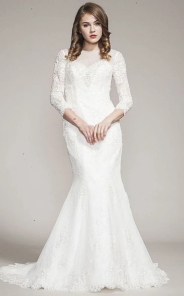 Trumpet High Neck Long Long-Sleeve Lace Wedding Dress With Appliques And Illusion