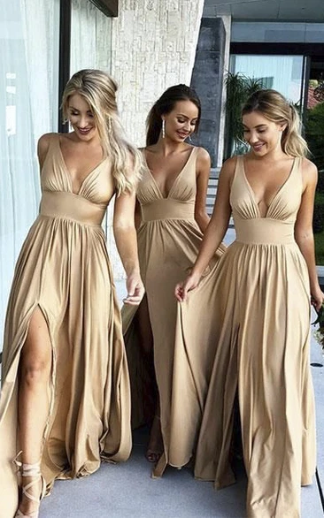 Empire Plunging V-neck Sleeveless Bridesmaid Dress With Front Split And Pleats