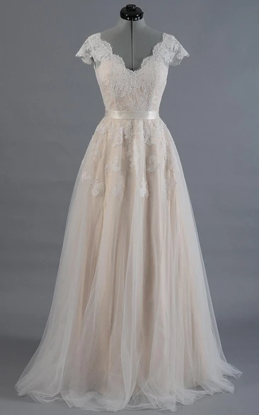 Cap Sleeve V-Neck Lace Elegant Boho Wedding Dress With Tulle Skirt and V-Back