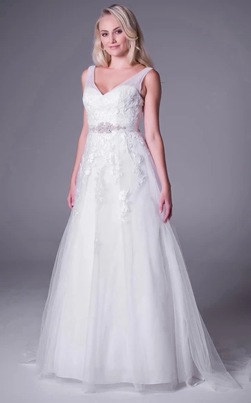 A-Line V-Neck Jeweled Maxi Sleeveless Tulle Plus Size Wedding Dress With Appliques And V Back