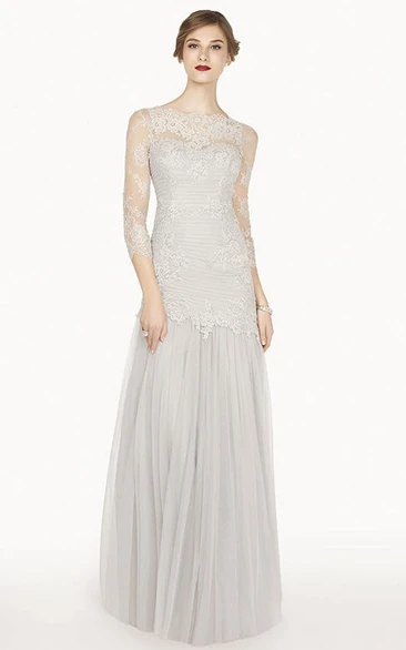 Scalloped Bateau 3-4 Sleeve A-Line Tulle Long Prom Dress With Lace Top