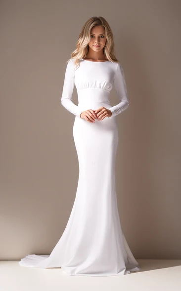 Casual Mermaid Long Sleeve Split Front Jewel Neckline Open Back Garden Wedding Dress