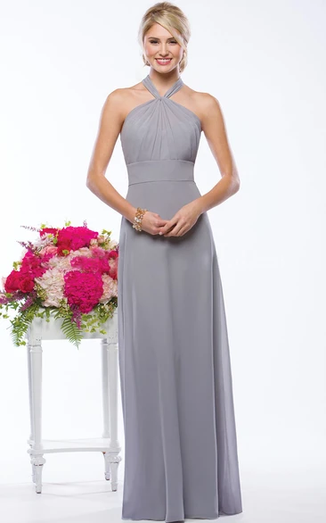 Halter Long Bridesmaid Dress With Pleats And Open Back