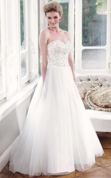 A-Line Floor-Length Sweetheart Tulle Wedding Dress With Beading And Corset Back