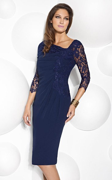 Knee-Length Lace Scoop Neck 3-4 Sleeve Jersey Mother Of The Bride Dress With Beading