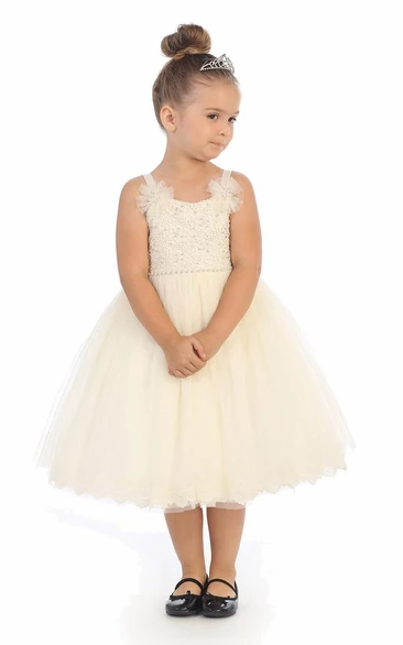 Tea-Length Embroideried Bowed Tiered Tulle&Lace Flower Girl Dress With Corset Back