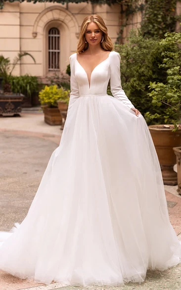 Simple V-neck Ball Gown Satin Chapel Train Wedding Dress with Ruching