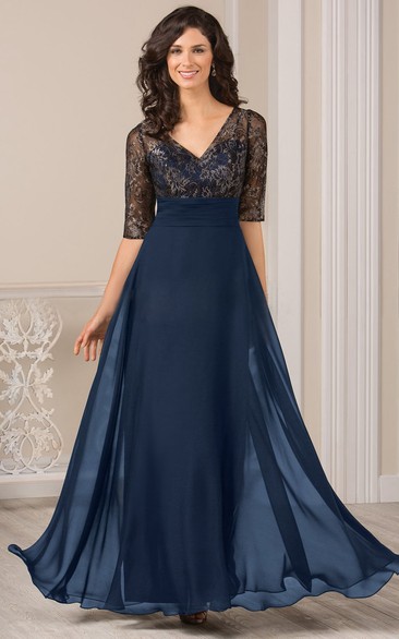 Half-Sleeved V-Neck A-Line Gown With Illusion Bodice