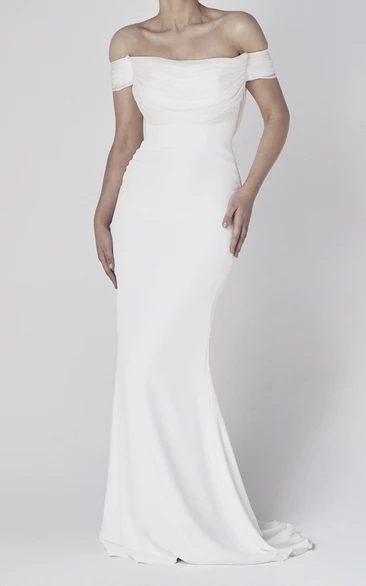 Off-the-shoulder Elegant Sheath Satin Bridal Gown With Tiers And V-back