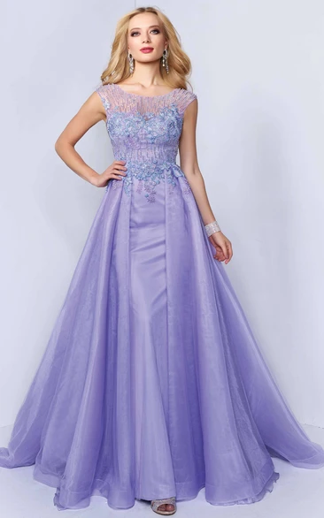A-Line Scoop-Neck Sleeveless Illusion Dress With Beading And Appliques