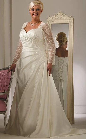 Plus Size Taffeta Bridal Gown With Long Lace Sleeves And Lace Up