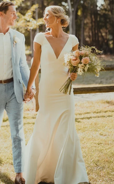 Casual Trumpet V-neck Satin Lace Wedding Dress With Short Sleeve And Low-V Back