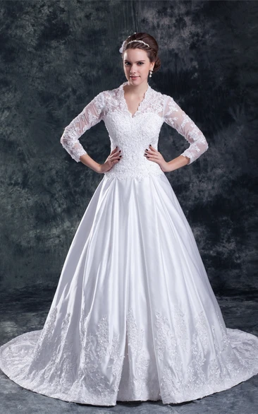 Modest Scalloped-Neck 3 4 Sleeves A-line Lace Wedding Gown with Court Train