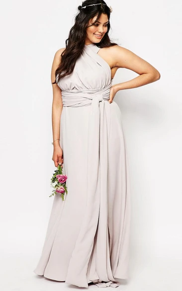 Halter Sleeveless Ruched Chiffon Bridesmaid Dress With Split Front