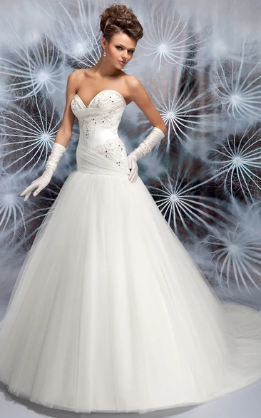 Ball-Gown Sweetheart Long Beaded Sleeveless Tulle Wedding Dress With Corset Back And Bow