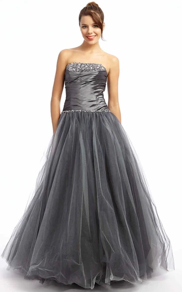 A-Line Beaded Sleeveless Strapless Maxi Tulle Prom Dress With Ruching
