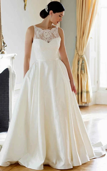 A-Line Floor-Length Bateau-Neck Sleeveless Satin&Lace Wedding Dress